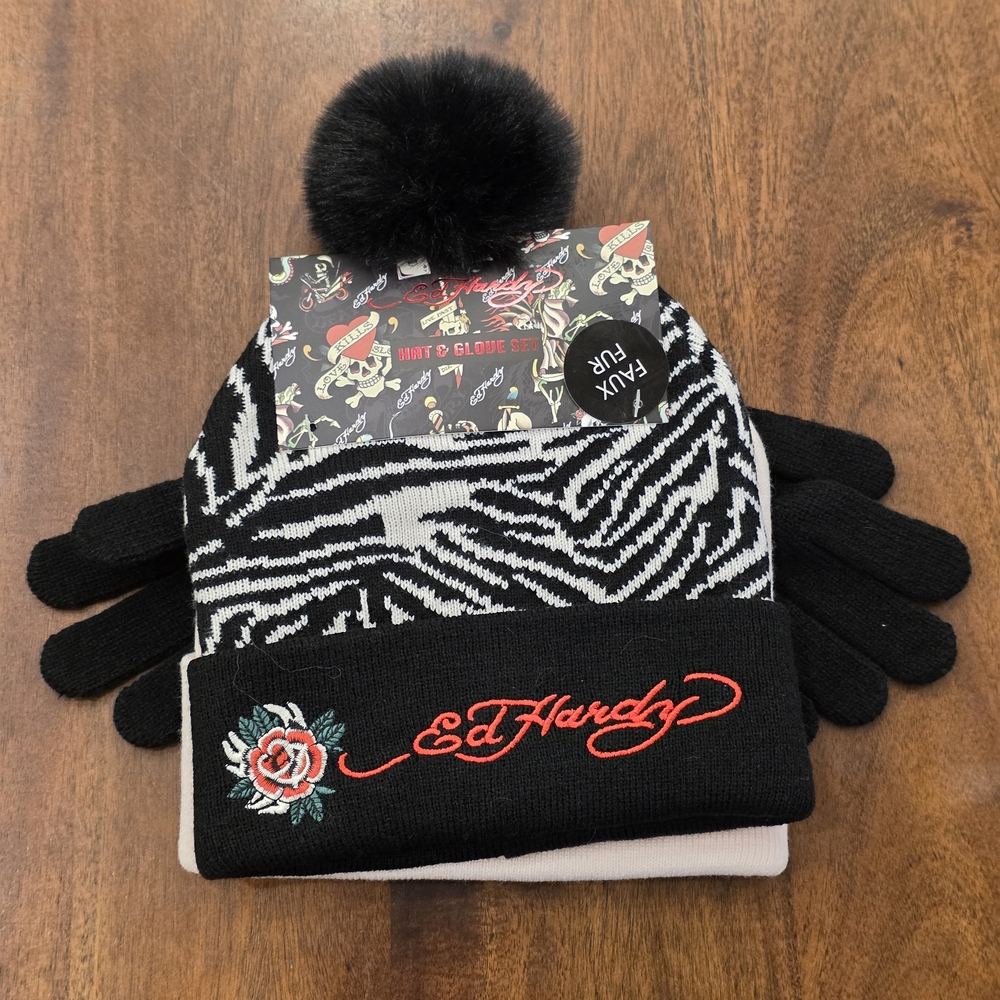 NEW Ed Hardy Winter Bundle: Pink Skull Beanie Zebra Rose Pom Beanie & Gloves Y2K
